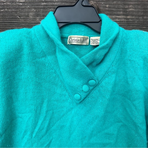 Vintage 80’s Fuzzy Green Angora Lambswool Sweater Medium Shoulder Pads Y2K - Picture 2 of 8